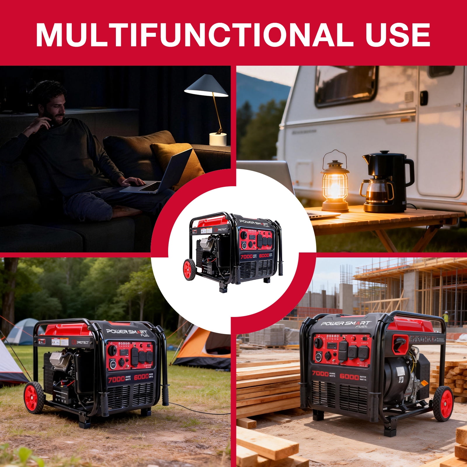 PowerSmart 7000 W RV Ready Electric Start Portable Open Frame Inverter Generator with Quiet Technology and CO Shield