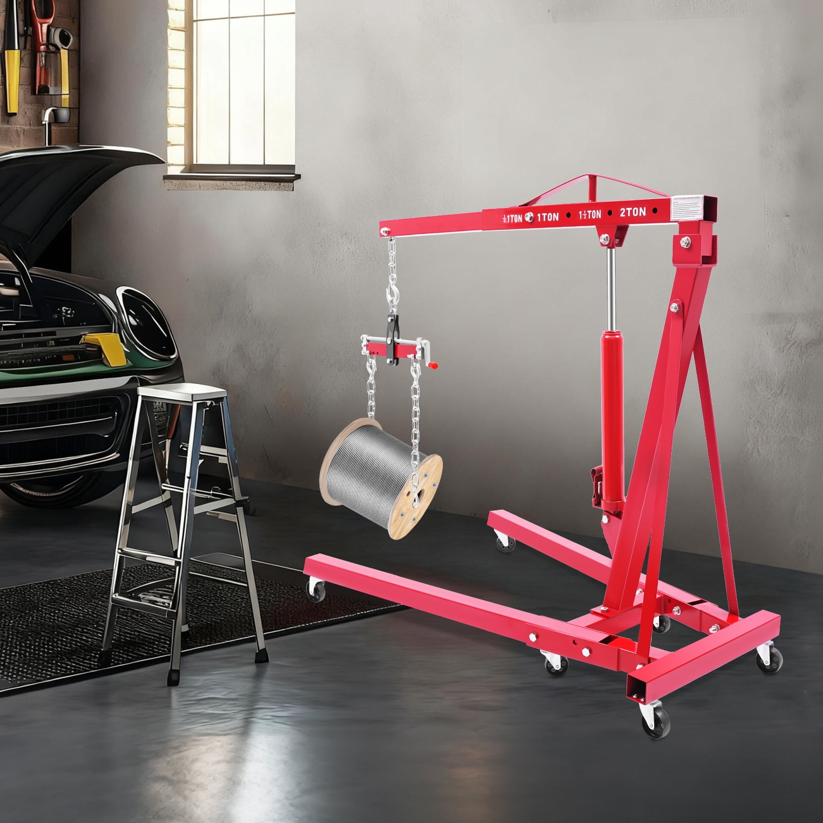 Peakora 2T Folding Hydraulic Crane Hydraulic Crane with Engine Leveler & Wheels Heavy-Duty Cherry Picker Shop Crane Oldable Engine Crane Red