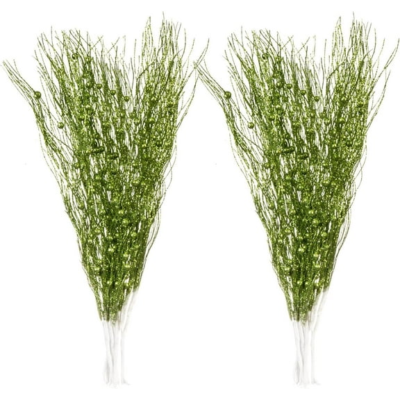Janrevotw 10-Pack Artificial Glitter Berry Stem Ornaments, Christmas Decorative Glittery Twigs, Picks, Branches for Tree, Wreath, Small Vase, Halloween Party (Green)