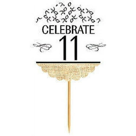 11th Birthday / Anniversary Novelty Burlap Cupcake Decoration Picks -12pack