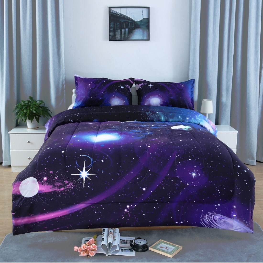 Unique Bargains 3-Piece Polyester All-Season Down Comforter Set, Full, Purple