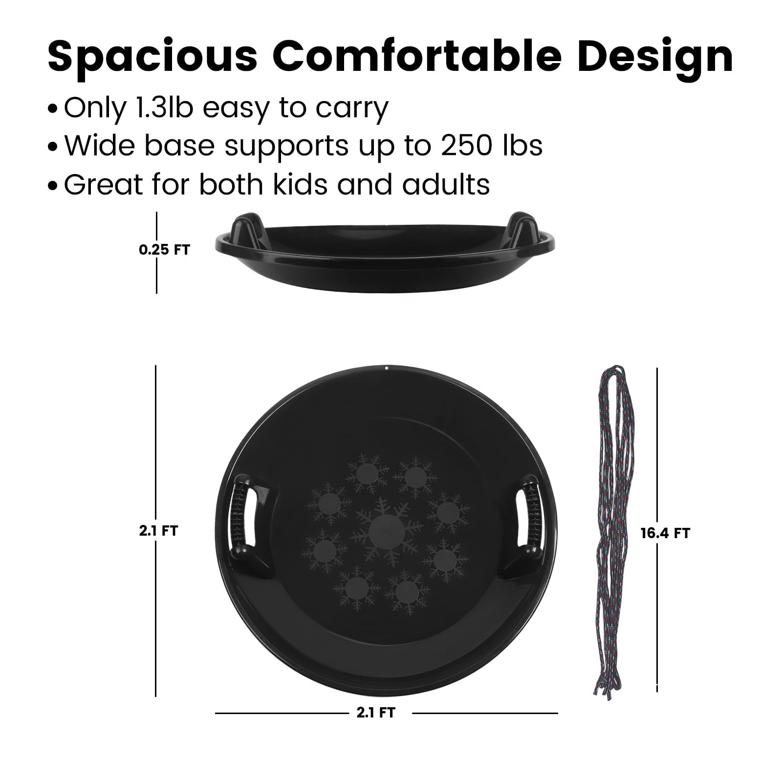 Gamexcel Round Flying Saucer Disc Racer Snow Sled Toboggan, for Ages 4 and Up, 25 Inch Diameter, Black