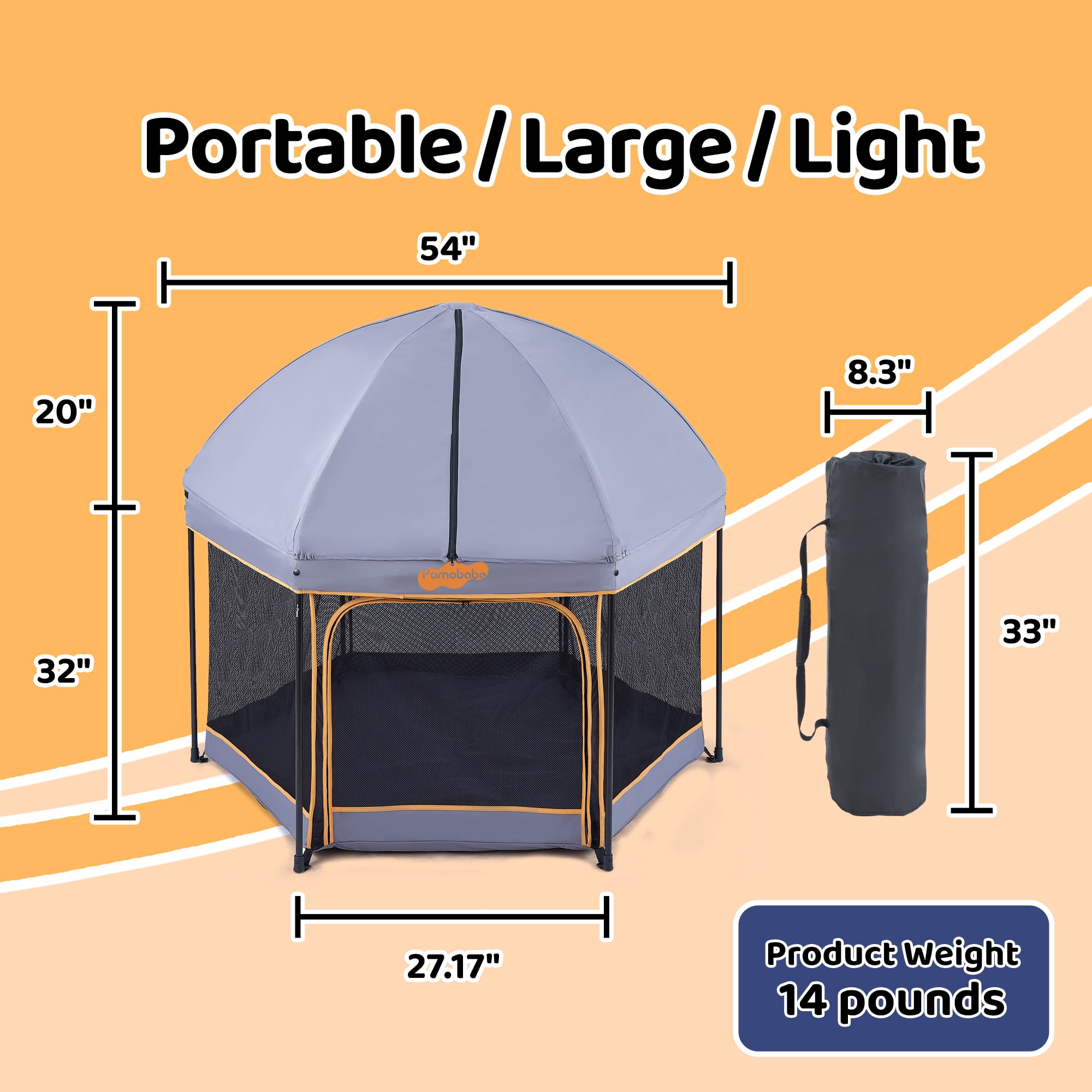 Pamo Babe Outdoor Baby Playpen, Portable, Lightweight, Toddler Playard Canopy and Travel Bag - Grey