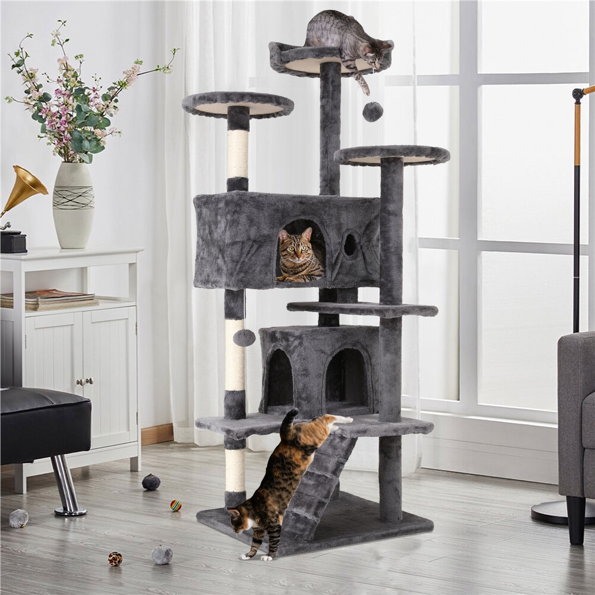 CL.HPAHKL 54-Inch Large Cat Tower with 3 Scratching Posts, Tall Cat Tree Tower with Big Cat Condo for Indoor Cat Plush Multi-Level Cat Condo with Hanging Toy for Kittens Pet House Play, Ashy