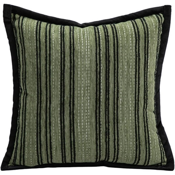 Modern Minimalist Green Striped Throw Pillow Cover with Black Trim – Textured Woven Cushion Case for Sofa, Couch or Bed, Decorative 18×18 Inch Pillow Cover Only