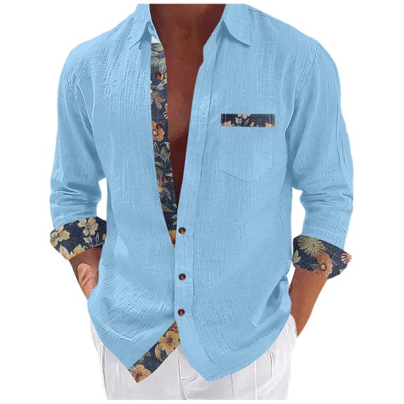 FAWUUDO Hawaiian Shirt for Men Button Down Long Sleeve Blouse Stretch V Neck Blouses Fall Beach Vacation Shirts Clothes with Pockets Light Blue