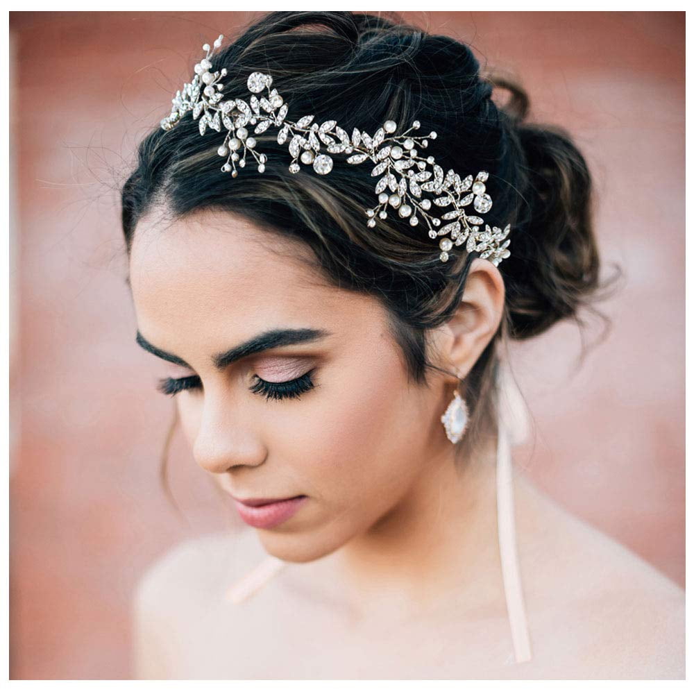 Silver Bendable Pearl Crystal Bridal Hair Vine Wedding Headband Hair Accessori I 