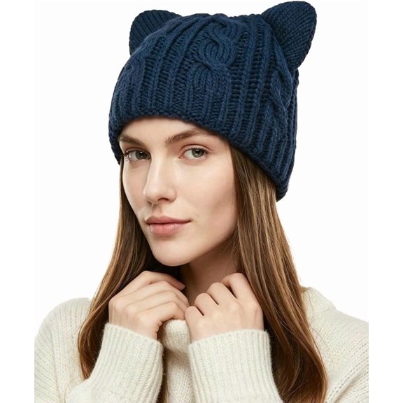 Cable Knit Cat Ear Beanie Soft Polyester Windproof Warm Winter Skull Cap for Women Outdoor Daily Wear
