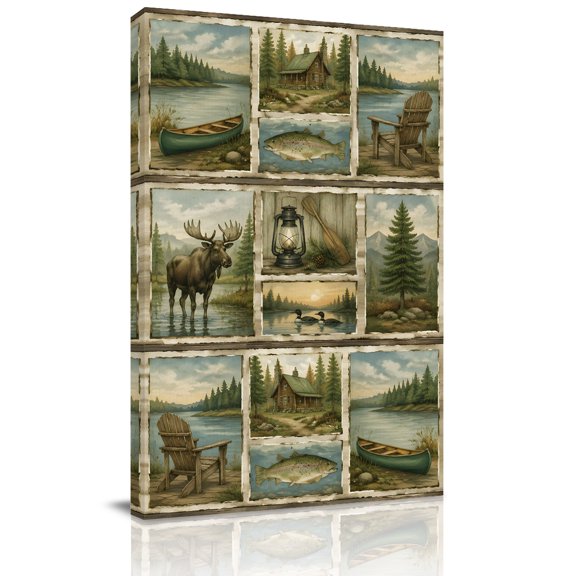 Canvas Wall Art, Vintage Checkered Moose Framed Canvas Prints for Living Room Office, Retro Lake Trees Large Gallery Wrapped Wall Decor for Home Office, Gifts, 16"x24" Ship Next Day