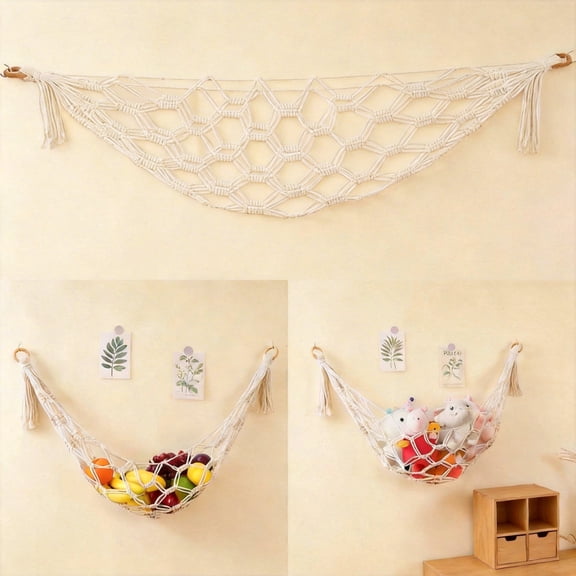 Toy Hammock for Stuffed Animals, Large Mesh Net Storage Organizer for Nursery & Playroom, Hanging Plush Toy Holder, Wall Mounted Boho Room Decor, White