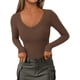 thumbnail image 1 of Remera PRETTYGARDEN Mujer Cuello en V Manga Larga Ajustada Marrón Talle L, 1 of 8
