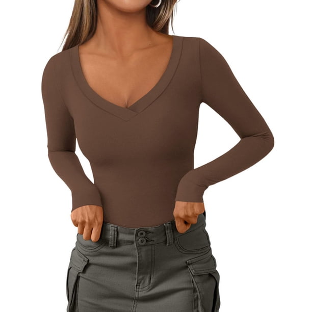 Remera PRETTYGARDEN Mujer Cuello en V Manga Larga Ajustada Marrón Talle L