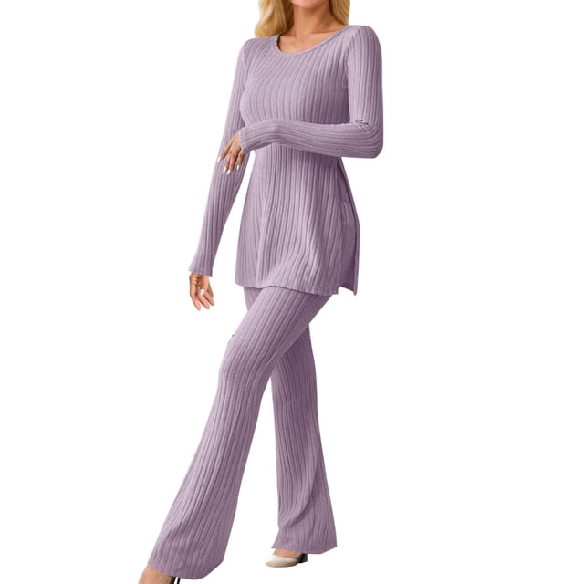 Kcodviy Ensemble Deux Pièces en Tricot pour Femme, Tailleur Junior Assorti, Combinaison à Col Ras du Cou pour Invitée de Mariage, T-Shirt à Ourlet Fendu et Pantalon de Survêtement, Ensemble Pantalon pour Femme, Ensembles de Survêtement