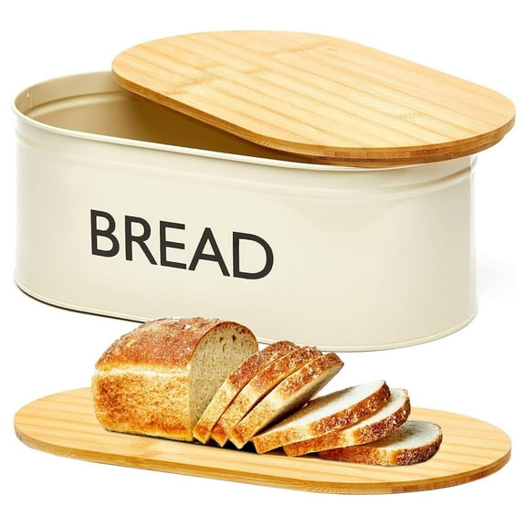 Premium Metal Bread Box with Bamboo Lid (Pack of 2) Stainless Steel Large Bread Bin Storage Container And Organizer for Kitchen Countertop, Vintage Style Kitchen Decor
