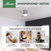 Hunter 44 inch Indoor Ceiling Fan with Light and Remote Control - For Bedroom or Living Room, Low Profile Mount, Modern Ceiling Fan with LED Light, Quiet, 3 Blades - Minimus 59454, Brushed Nickel