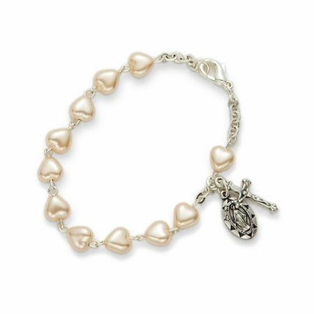 Silver Plated 5mm Heart Shaped immitation pearl Beads Bracelet with Miraculous and cross crucifix Charms Bracelet Comes in a deluxe velvet box