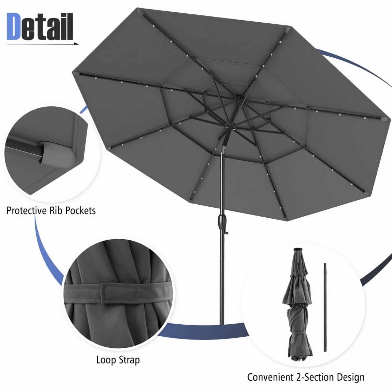 YYAo Outdoor Garden Umbrella,Market Umbrella,10 Feet Solar Patio Umbrella with 32 LED Lights 3-Tier Vented Top-Gray