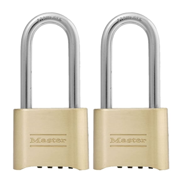 Master Lock Brass Combination Lock, Gate Lock for Outdoor Fence or Shed, Customizable Combination Padlock with Extended 2-1/4-Inch-Long Shackle, 2 Pac