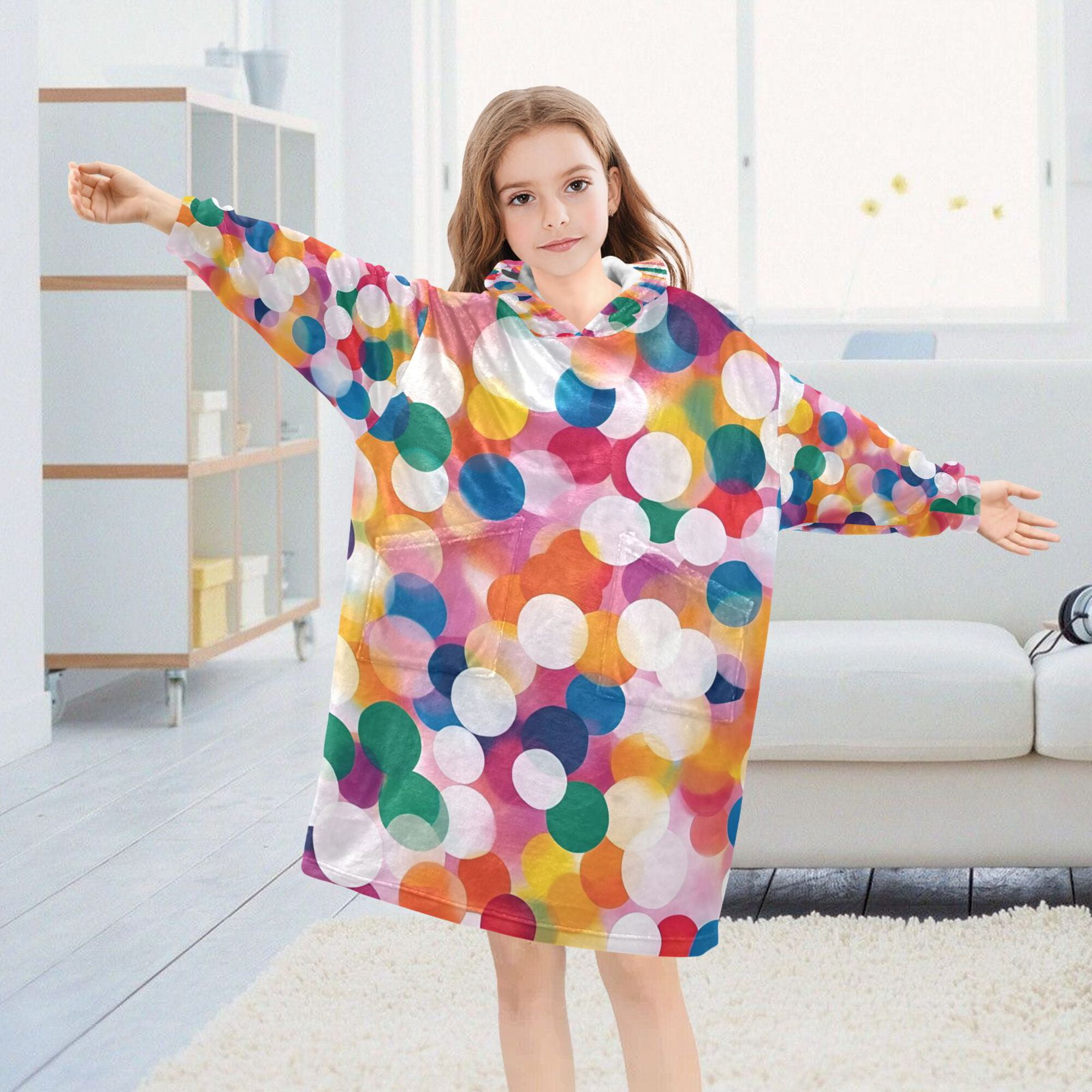 FORMRS Wearable Blanket Hoodie with Sleeves for Kids Cozy Flannel Sweatshirt, White Colorful Circles