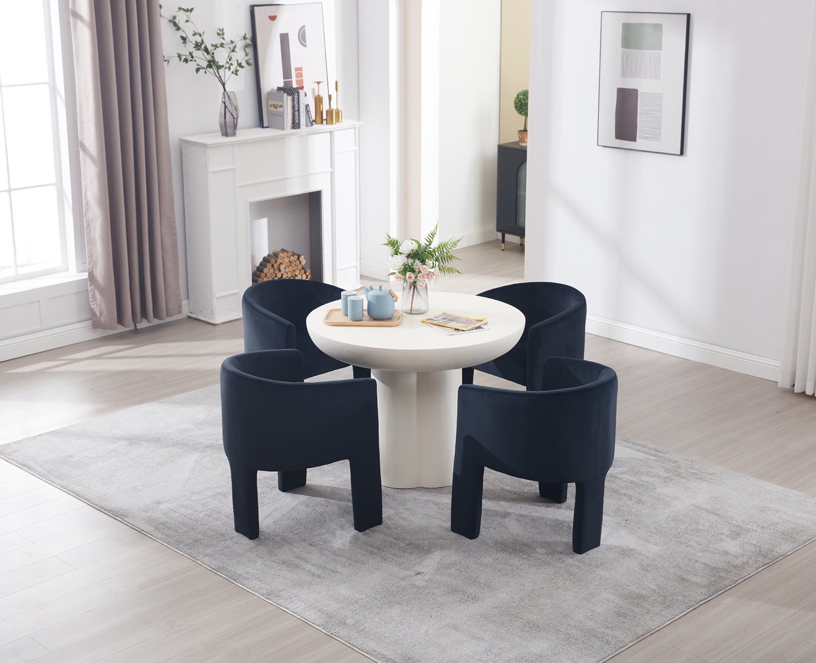 Guyou Modern Boucle Dining Chairs, Barrel Velvet Side Chair with Curved Backrest and Arms, Comfy Dressing Vanity Chairs, Upholstered Kitchen Chairs for Living Room Bedroom Dining Room, Black