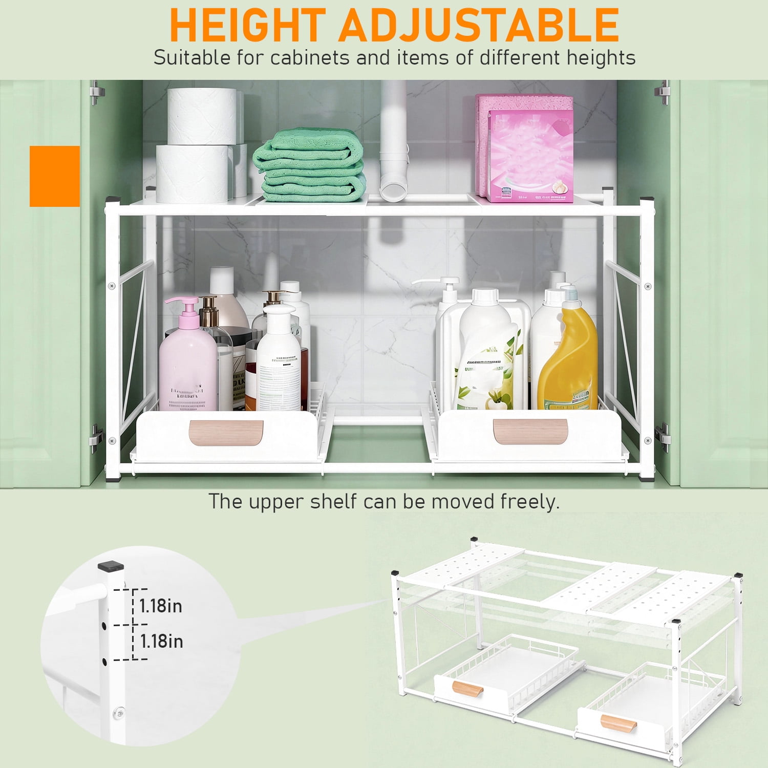 2 Tier Under Sink Organizer and Storage, Expandable Length 21.5"-31.8", Height Adjustable, 2 Sliding Drawers & Movable Top Shelves, for Bathroom & Kitchen, White