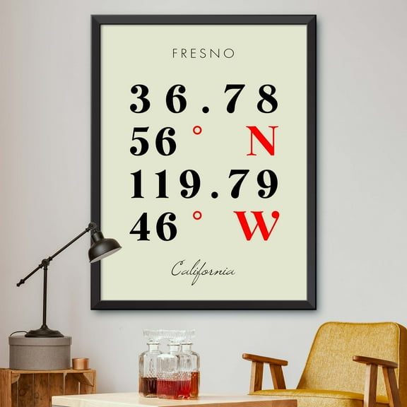 Map of Fresno, California, Multiline Coordinates Colored (16x20)