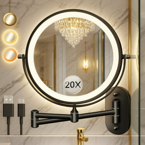 Miserwe Rechargeable Wall Mounted Lighted Makeup Mirror Chrome, 8 Inch Double-Sided LED Vanity Mirror 1X/10X Magnification,3 Color Lights Touch Screen Dimmable Extendable 360°Swivel 13 Inch Black