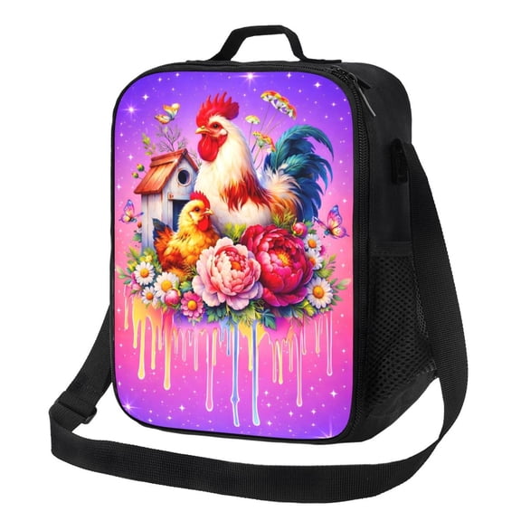 Chick-Patterne Lunch Bag Insulated Thermal Box with Shoulder Strap & Handle for Work and Picnic
