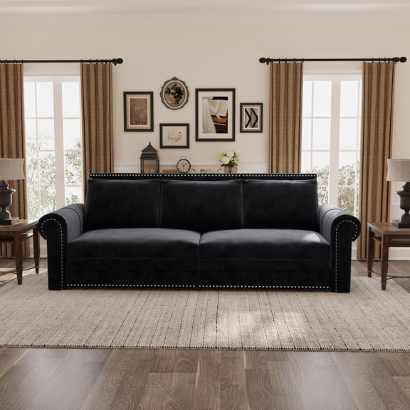 93.7" Chesterfield King Pull-Out Sofa Bed, 3-in-1 Velvet Convertible Sleeper Sofa with Nailhead Trim and Rolled Arms, Multi-Functional Couch for Living Room or Bedroom(Black)