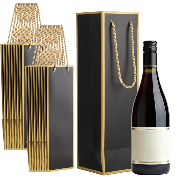 50 Pcs Wine Bags, Paper Wine Bottle Present Bags with Handles, Reusable Gold Foil Print Liquor Bottle Totes for Parties, Weddings, Tastings, Anniversaries