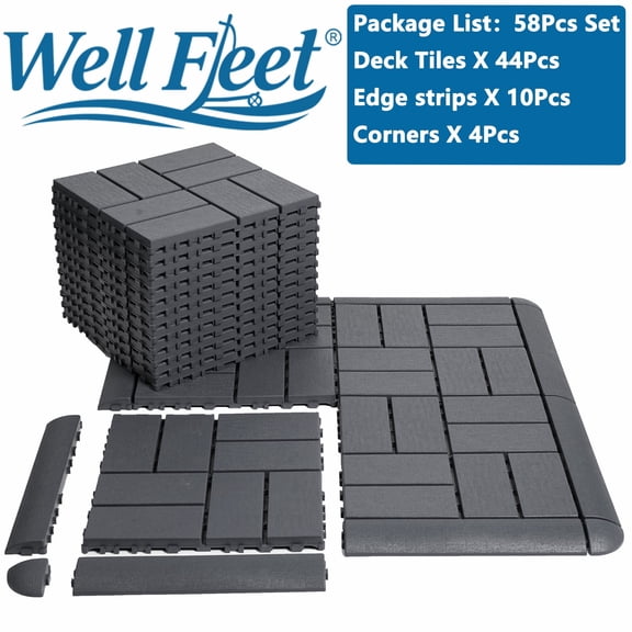 Well Fleet 58 Pcs Plastic Interlocking Deck Tiles, 12"x12" Texture Plastic Patio Tiles, For Indoor Outdoor Use, Decking Tiles For Garden Lawn Swimming Pools Porch Poolside Balcony Backyard
