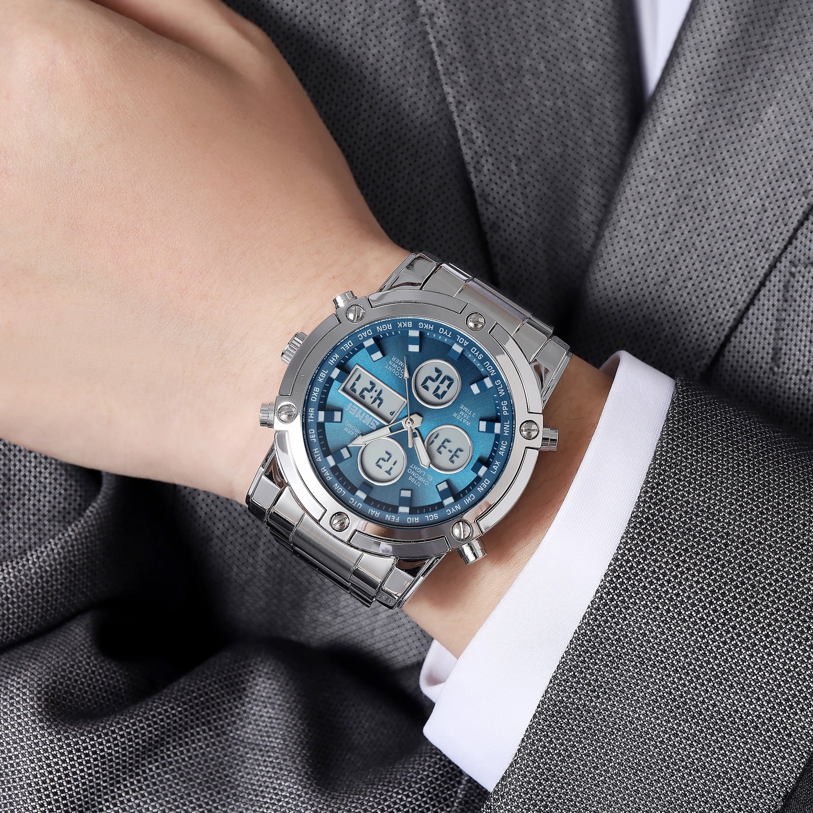 SKMEI Mens Wrist Watch, Waterproof Military Analog Digital Watches with LED Multi Time Chronograph, Stainless Steel Business Quartz Watches for Men
