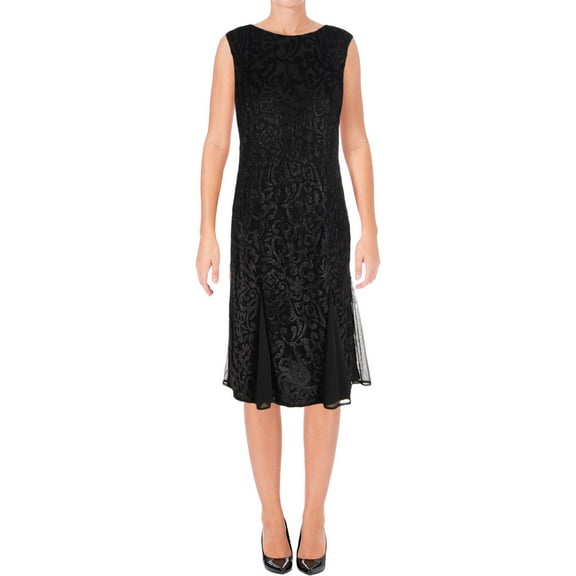 R&M RICHARDS Womens Black Flocked Velvet Fit Flare Dress 6