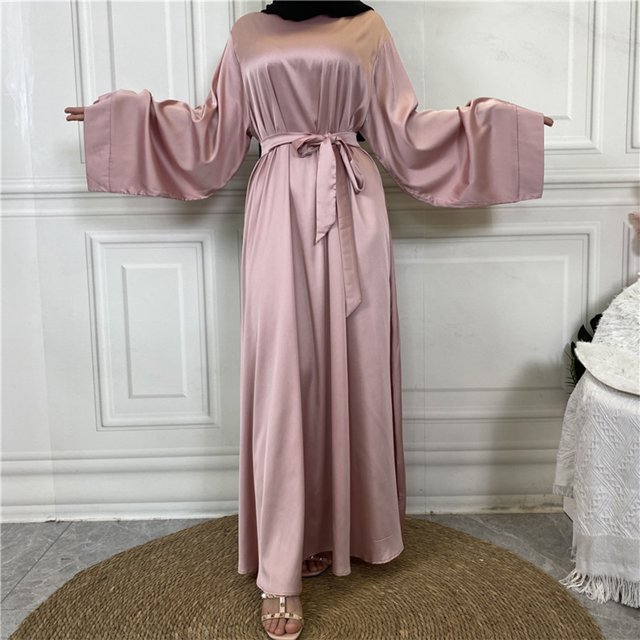 Maxi Vestido De Mujer Musulmana Vestido maxi árabe para mujer Dubai Turquía Musulmane Satén Hijab Vestido Robe (Rosa L) Cgtredaw para Mujer Rosa T S