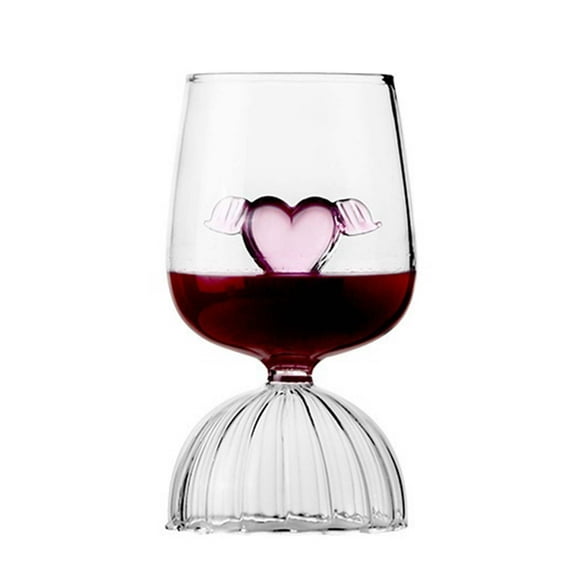 Unique Pink Heart Wine Glass, Hand-Blown Lead-Free Crystal Goblet for Red Wine, Cocktails, Romantic Gift