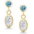 thumbnail image 2 of Gem Stone King 14K Yellow Gold White Moissanite and Swiss Blue Topaz Drop Dangle Earrings for Women (1.30 Cttw, Gemstone Birthstone, Oval 6X4MM, Round 3MM), 2 of 4