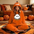 thumbnail image 6 of Pumpkin Hooded Onesie Costume for Women & Men, Halloween Matching Couple Flannel Jumpsuit with Ghost Print & Zipper Front — Unisex Cozy Sleepwear Set for Party & Lounge Orange L, 6 of 8