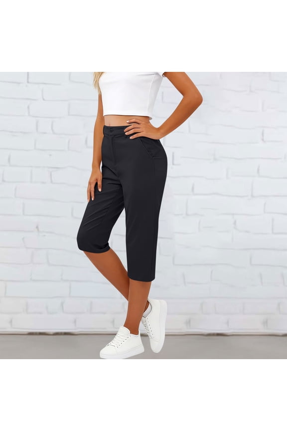 High Waisted Capri Pants for Women with Pockets Solid Casual Everyday Regular Fit Capri Trousers Workout Lounge, Black L