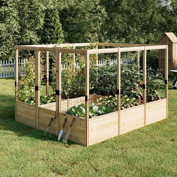 Jocisland Wooden Raised Garden Bed for Outdoor, Deep Large Planter Box with Netting for Gardening, Vegetables, Herbs（8×9×6 ft）