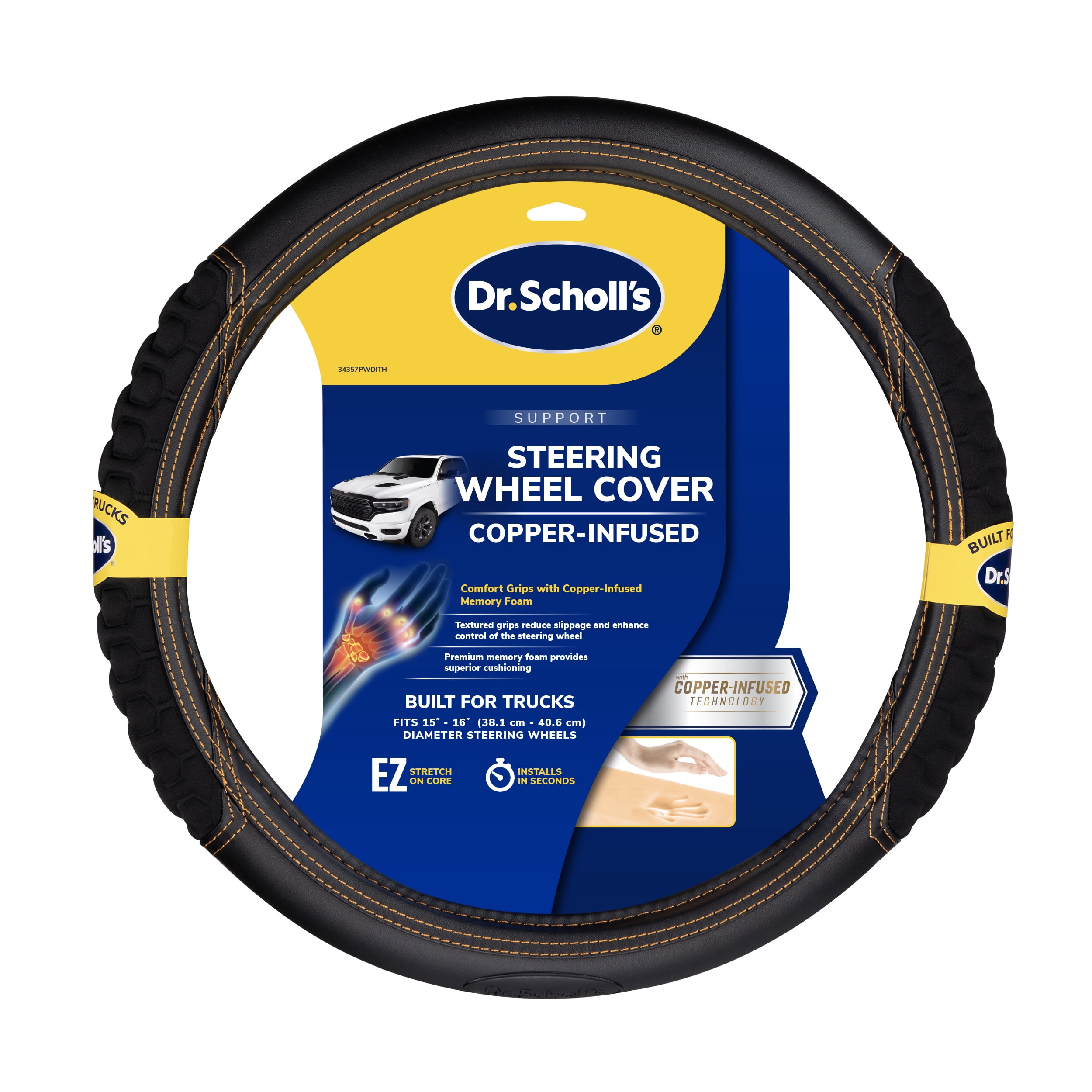 Dr. Scholl's Copper Infused Heat Press Grip Memory Foam Truck Steering Wheel Cover