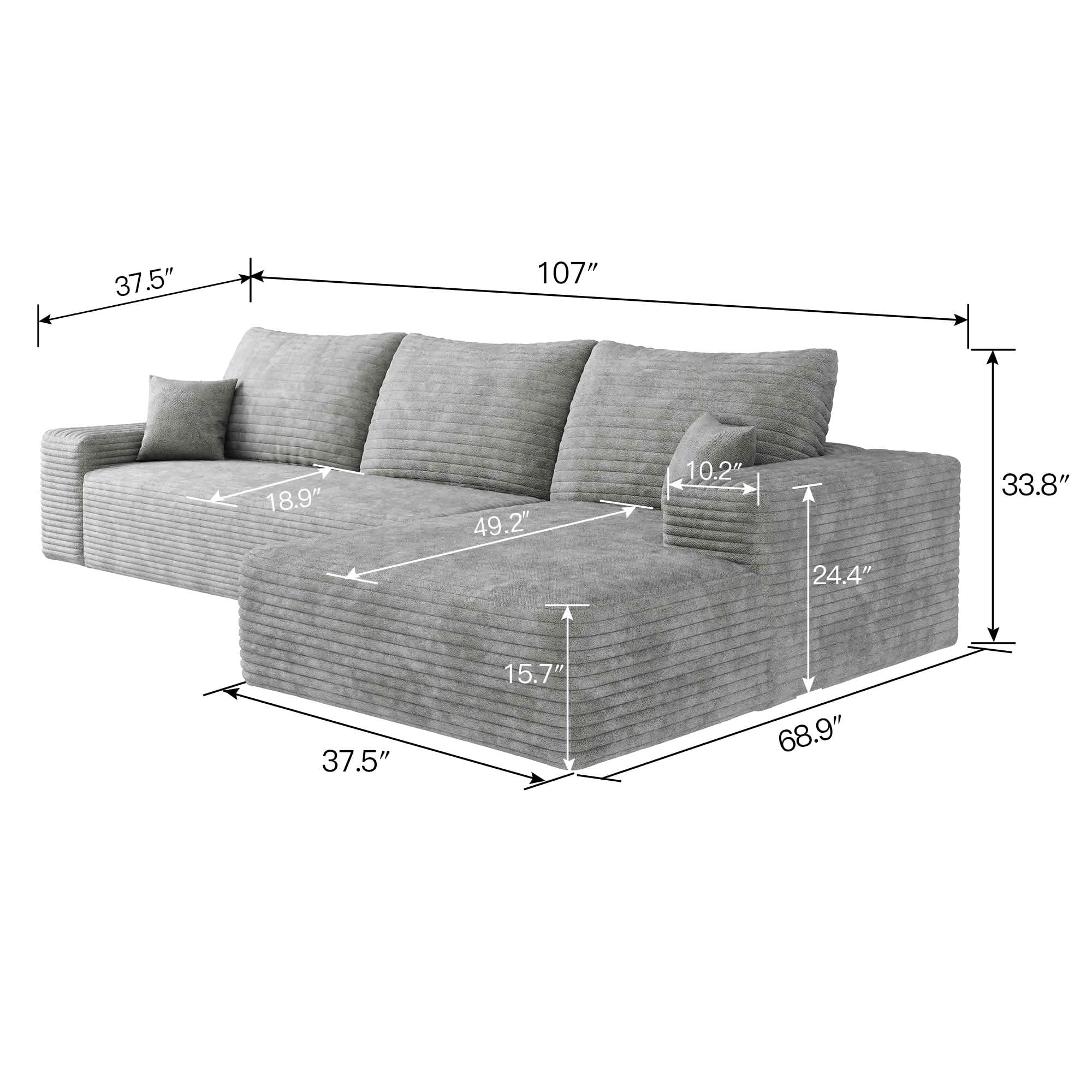 MAYEERTY L-Shaped Modular Sectional Sofa, Plush Corduroy Cloud Couch with Chaise, No Assembly Leisure Sofa for Home