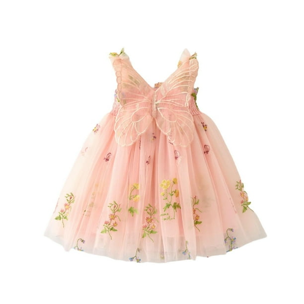 Odeerbi Niñas Verano Floral Bordado Tul Tutu Vestido Mariposa Alas Flower Girl Vestido Tank Vestido Sin Mangas Tirante Malla Vestido de Sol