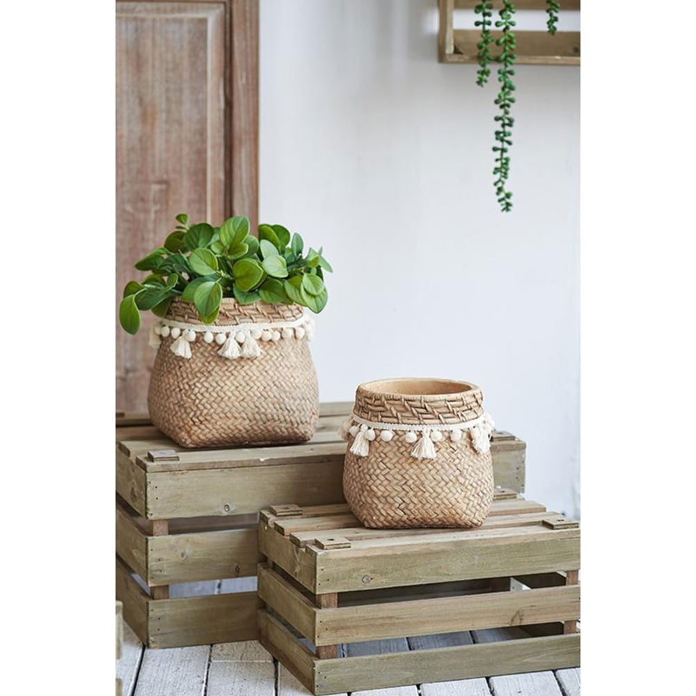Set of 2 Brown Cement Planters – These Charming Planters Feature a Woven Tassel Accent, Perfect for Adding a Bohemian Touch to Your Home or Garden.