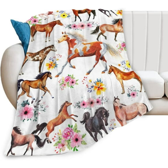Horse Blanket Gifts for Girls Women Western Horses Flowers Animal Fleece Flannel Throw Blankets Soft Lightweight Horse Plush Stuff Florals Throws for Kids Adults Bed Sofa Decor