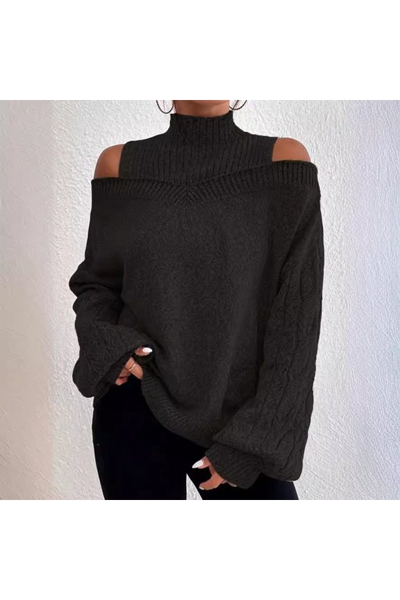 Glimpses Clothing Women's 2024 And Winter Off Shoulder Sweater Women's Pullover Half Turtleneck Sleeve Eight Loose Slimming Sweater Black