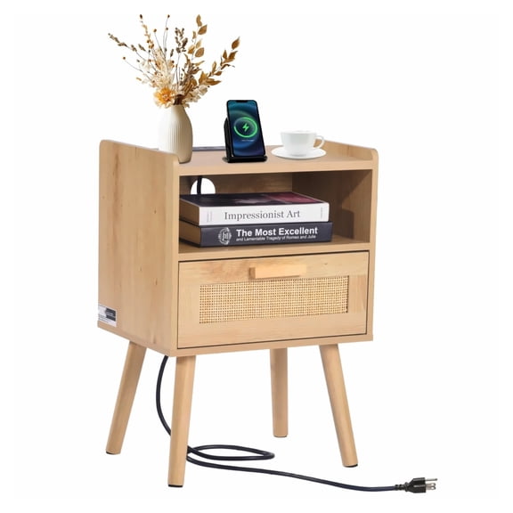 Rattan Nightstand with Charging Station, Boho Bedside Table with Drawer & Shelf, Wood Leg End Table for Bedroom Living Room - Versatile Rattan Side Table