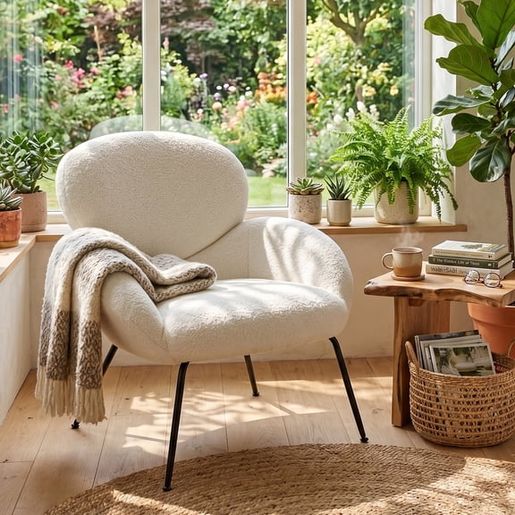 Modern Accent Chair, Upholstered Sherpa Reading Armchair Teddy Fabric with Metal legs for Living Room,Bedroom