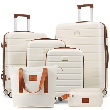 Travelpro Max 6-Piece Hardside Luggage Set With Tsa Lock, 16/20/24/28 Inch Spinner Suitcase Set With Expandable Travel Duffel Bag & Waterproof Toiletry Kit, Adjustable Handle (Ivory And Brown)