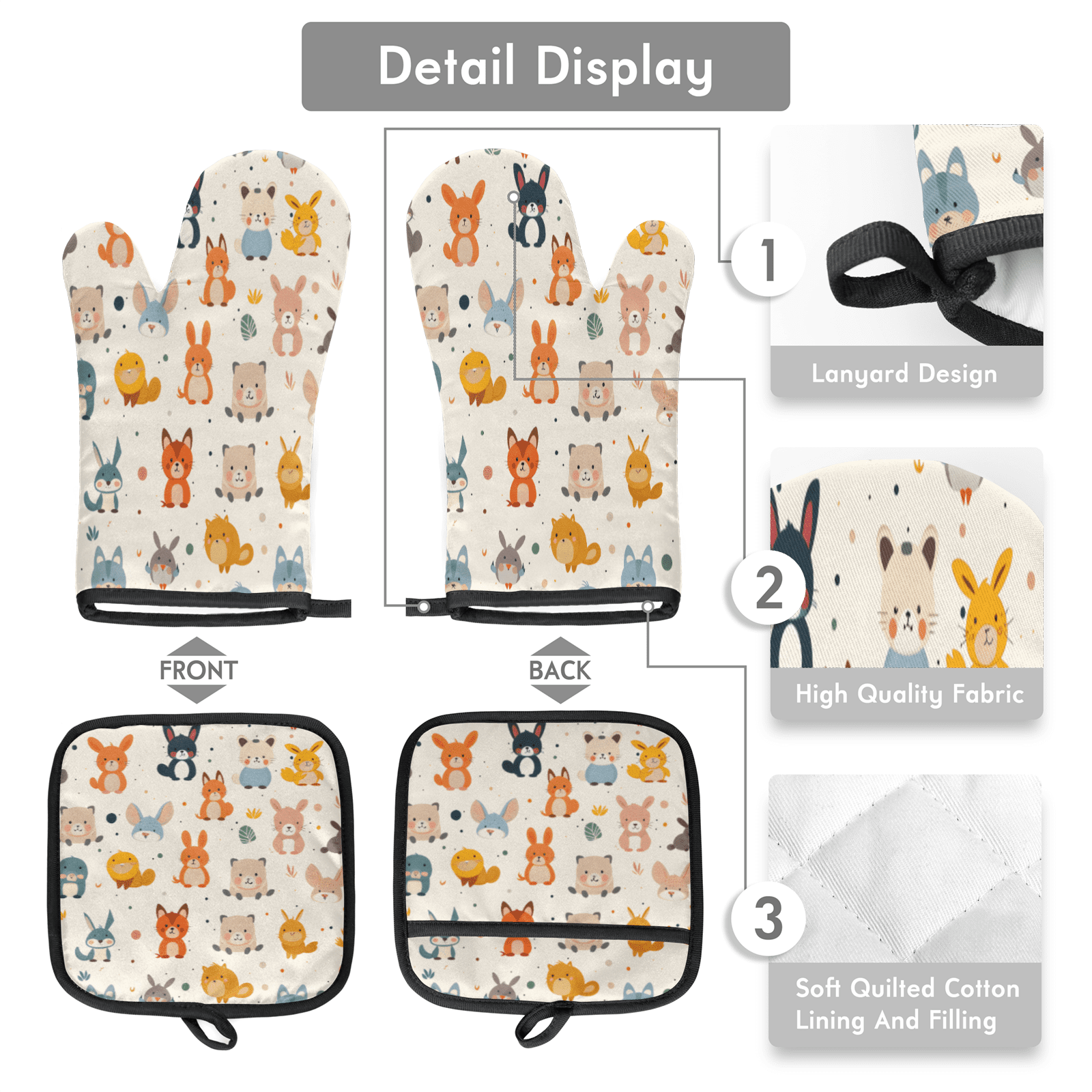 CURLYOOT Animals Oven Mitts and Pot Holders Sets of 2, Non-Slip Washable Cute Forest Animals Hot Pads and Oven Gloves for Kitchen Cooking Baking