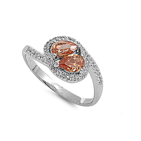 Pave Sided Oval Champagne Cubic Zirconia Ring Sterling Silver 925